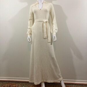 Wenjilli Vintage Knit Long Sleeve Cream Maxi Belted Sweater Dress